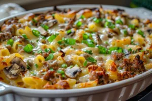 Delicious Philly cheesesteak casserole topped with melted cheese and fresh ingredients