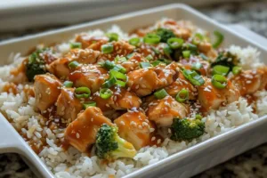 Delicious Teriyaki Chicken Casserole topped with green onions and sesame seeds