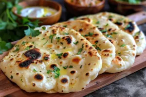 Delicious homemade garlic naan bread with herbs and spices