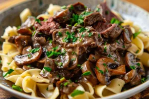 Gordon Ramsay's delicious beef stroganoff served with pasta and garnish