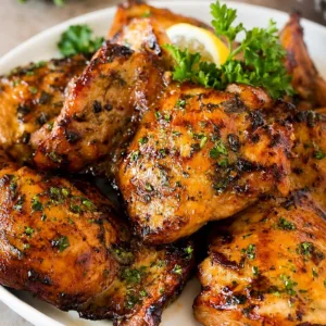 Delicious marinated grilled chicken thighs on a barbecue grill.