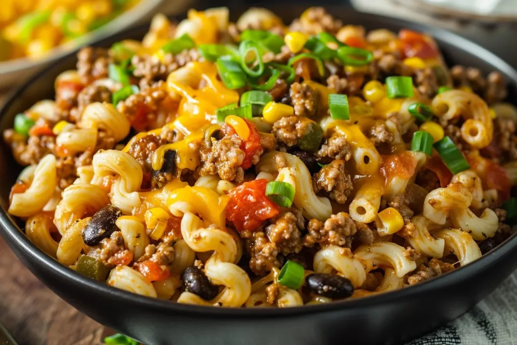 Delicious Taco Pasta served in a bowl with toppings