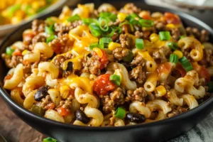 Delicious Taco Pasta served in a bowl with toppings