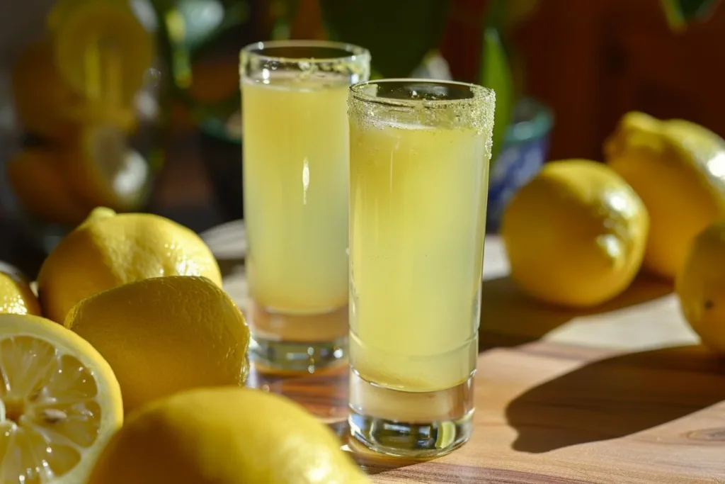 Homemade limoncello in a beautiful bottle with lemons and herbs