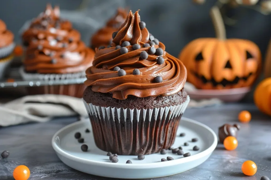Spooky vegan Halloween cupcakes decorated with edible ghosts and pumpkins.