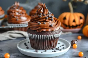 Spooky vegan Halloween cupcakes decorated with edible ghosts and pumpkins.
