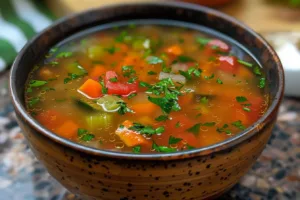 Bowl of hearty vegetable soup with colorful vegetables and herbs