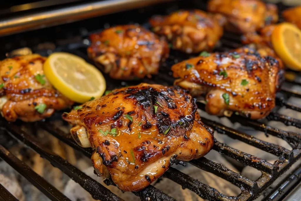 Zesty marinated grilled chicken thighs served with fresh herbs and vegetables