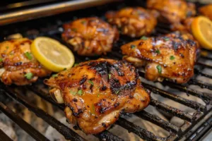 Zesty marinated grilled chicken thighs served with fresh herbs and vegetables