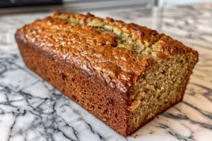 Homemade zucchini bread loaf with slices on a rustic wooden table