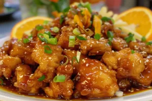 Delicious 3-Ingredient Orange Chicken on a plate with garnishes.