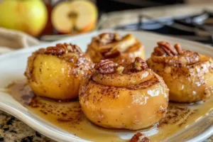 Delicious air fryer baked apples topped with cinnamon and nuts.