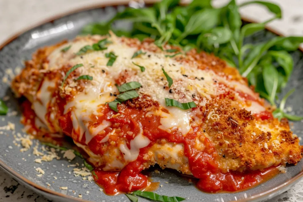 Crispy air fryer chicken parmesan served with marinara sauce and cheese