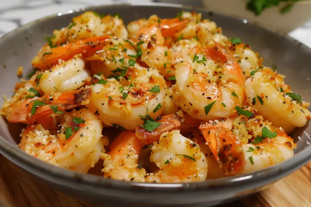 Delicious air fryer garlic parmesan shrimp ready to serve.