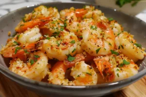 Delicious air fryer garlic parmesan shrimp ready to serve.