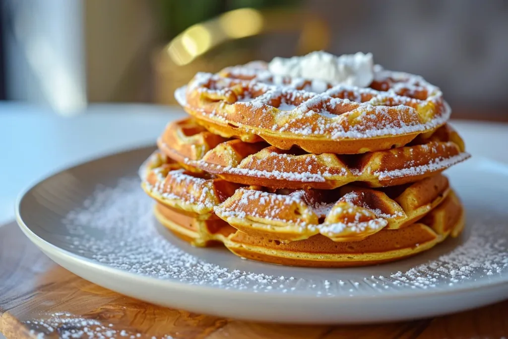 Delicious almond flour pumpkin waffles topped with syrup and pumpkin seeds.