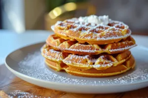 Delicious almond flour pumpkin waffles topped with syrup and pumpkin seeds.