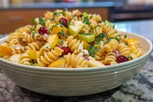 Colorful autumn apple pasta salad with fresh ingredients and seasonal flavors.