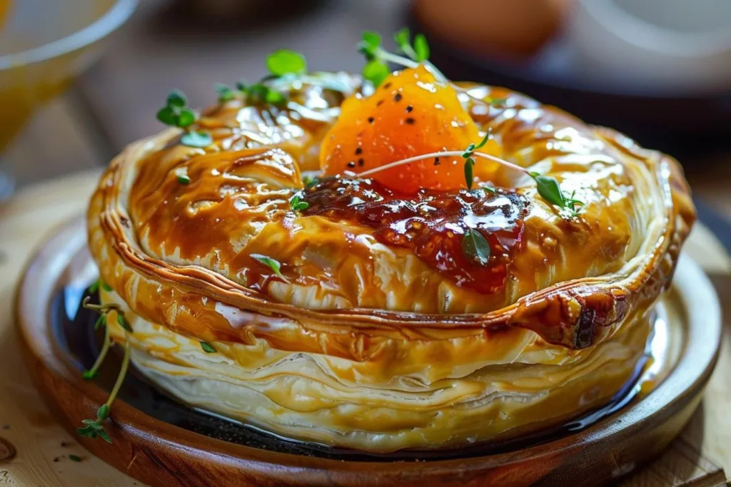 Delicious Baked Brie wrapped in golden puff pastry, served warm with toppings.