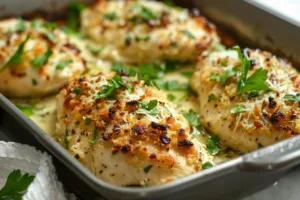Baked Caesar Chicken drizzled with creamy Parmesan sauce on a plate