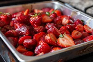 Balsamic roasted strawberries served in a rustic bowl