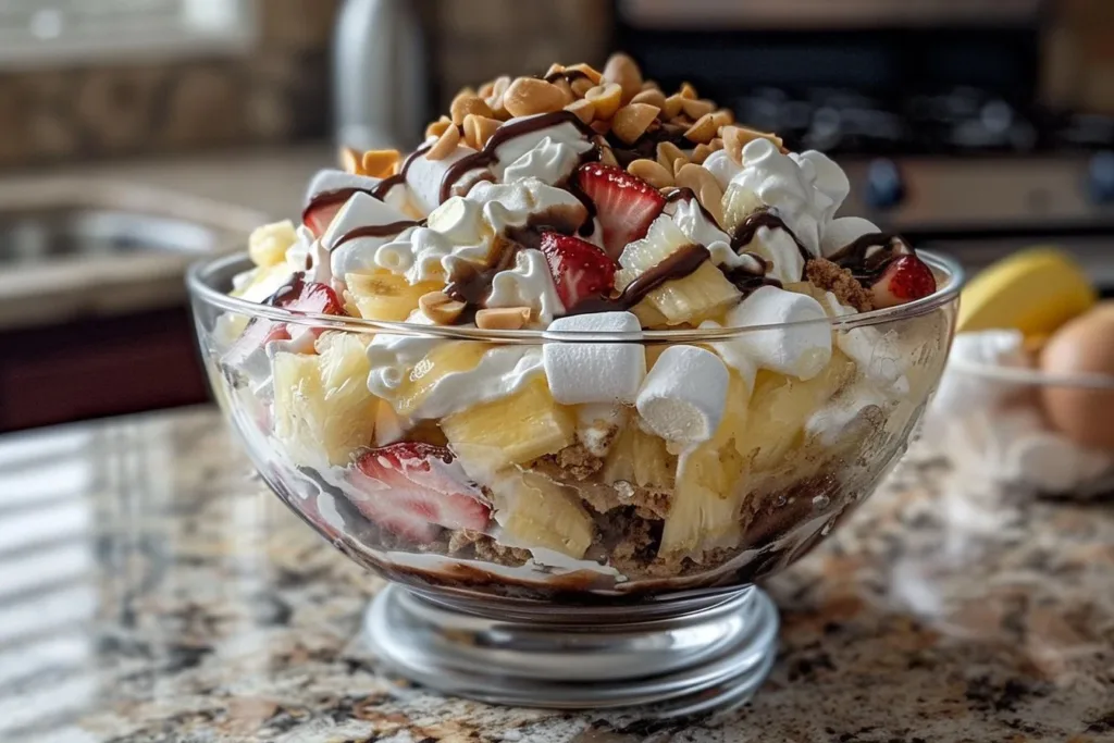 Delicious Banana Split Fluff dessert topped with fruit and whipped cream.