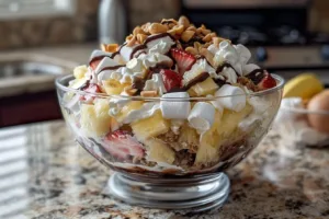 Delicious Banana Split Fluff dessert topped with fruit and whipped cream.