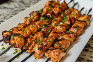 Delicious Bang Bang Chicken Skewers served on a platter with dipping sauce