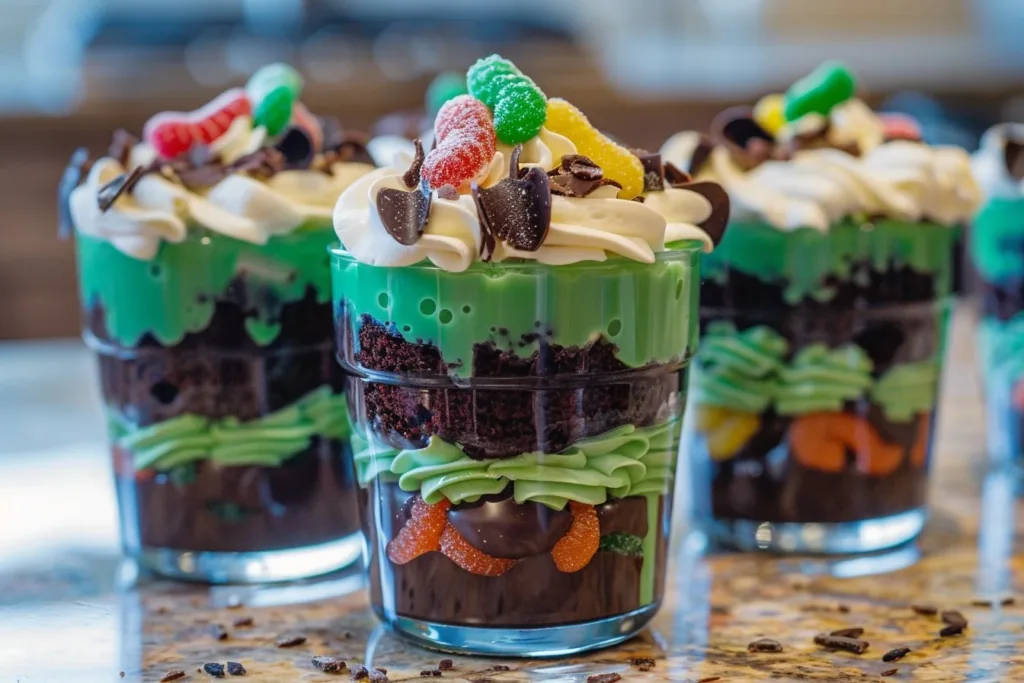 Colorful Beetlejuice Mini Trifles dessert featuring layered cream and cake.