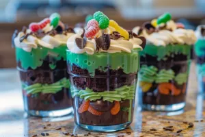 Colorful Beetlejuice Mini Trifles dessert featuring layered cream and cake.
