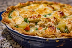 Delicious homemade chicken pot pie with vegetables and flaky crust