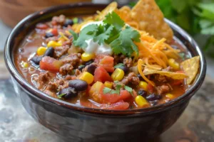Delicious bowl of taco soup topped with cheese and cilantro