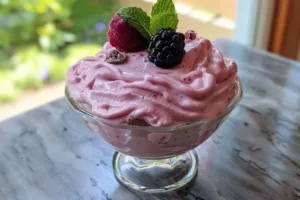 Delicious homemade Blackberry Fool dessert served in a glass.