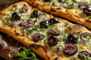 Delicious Blue Cheese Cherry Flatbread with a sweet and savory topping.