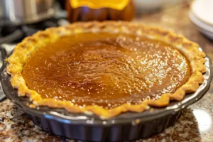 Bourbon Brûlée Pumpkin Pie with caramelized topping and golden crust