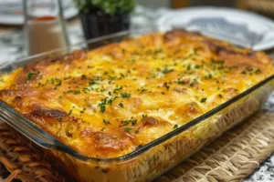 Delicious homemade Breakfast Casserole with eggs, cheese, and vegetables