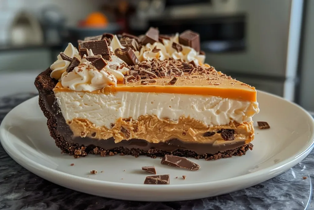 Delicious Butterfinger Pie with chocolate and peanut butter topping