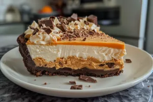 Delicious Butterfinger Pie with chocolate and peanut butter topping
