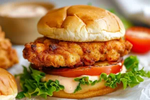 Cajun chicken sandwich with crispy chicken and garlic aioli on a plate