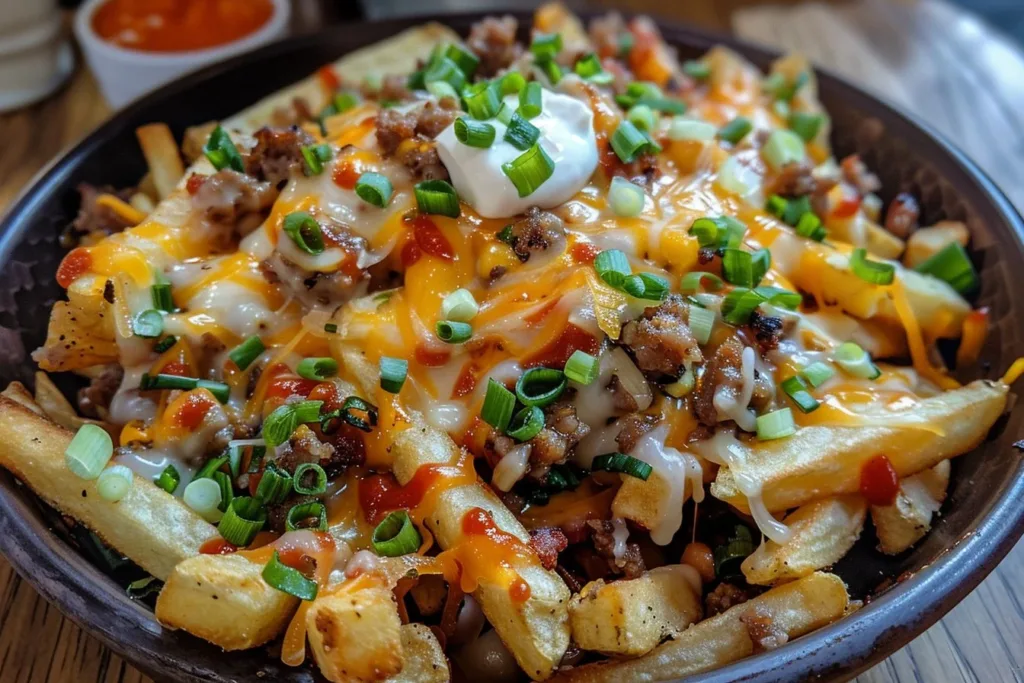 Delicious Cajun Dirty Loaded Fries topped with cheese and spices