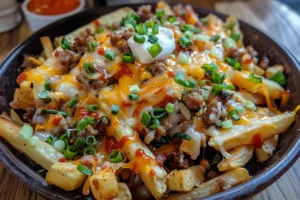 Delicious Cajun Dirty Loaded Fries topped with cheese and spices