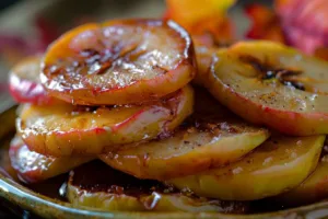 Plate of delicious candied apple slices drizzled with caramel and nuts