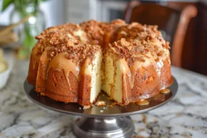 Caramel Cream Cheese Cinnamon Roll Pound Cake topped with caramel drizzle and cinnamon.
