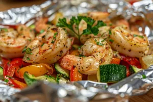 Cheesy Garlic Shrimp and Vegetable Foil Packets ready for grilling
