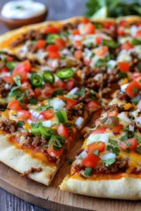 Cheesy taco pizza topped with ground beef, cheese, and fresh toppings