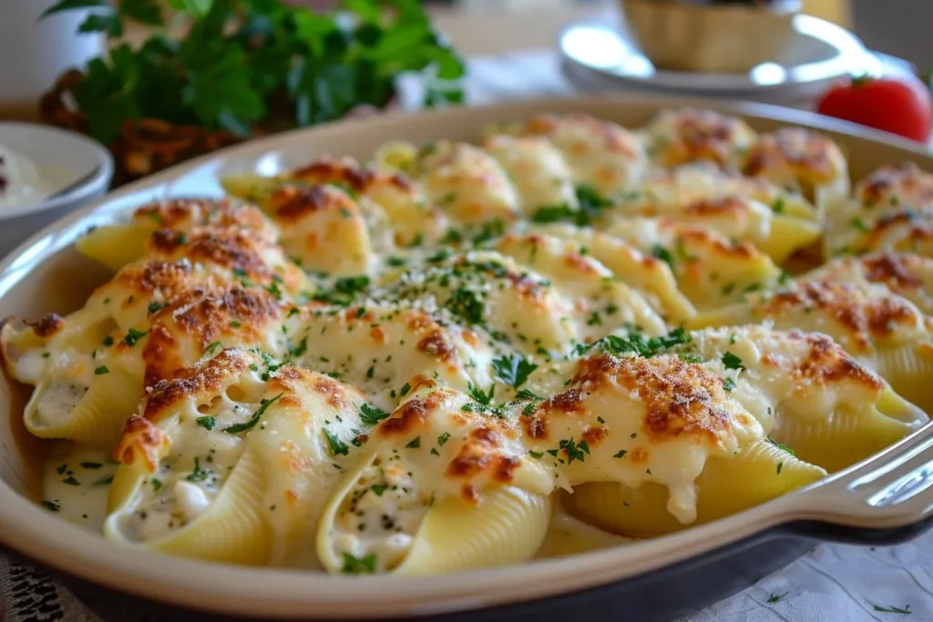 Delicious Chicken Alfredo Stuffed Shells topped with cheese and herbs