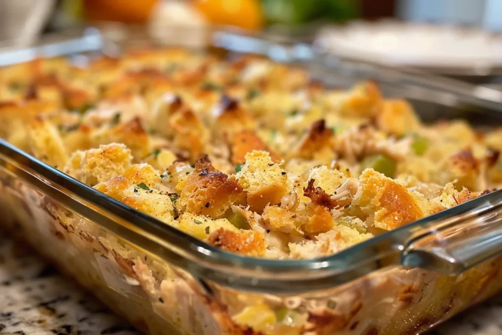 Delicious Chicken and Dressing Casserole served in a baking dish.