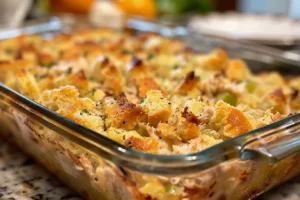 Delicious Chicken and Dressing Casserole served in a baking dish.