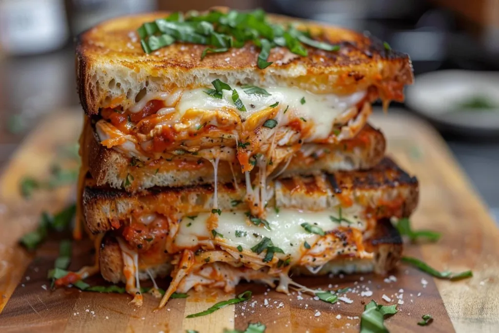 Delicious Chicken Parmesan Grilled Cheese sandwich with golden crust.