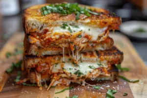 Delicious Chicken Parmesan Grilled Cheese sandwich with golden crust.